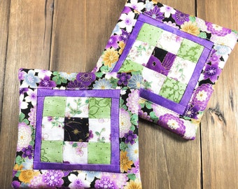 Mini Quilt 9-Patch Purple Floral Butterflies Mug Rug Coaster 4" x 4" Set of 2 Cotton Fabric Washable Reversible Hot or Cold Drinks Gift