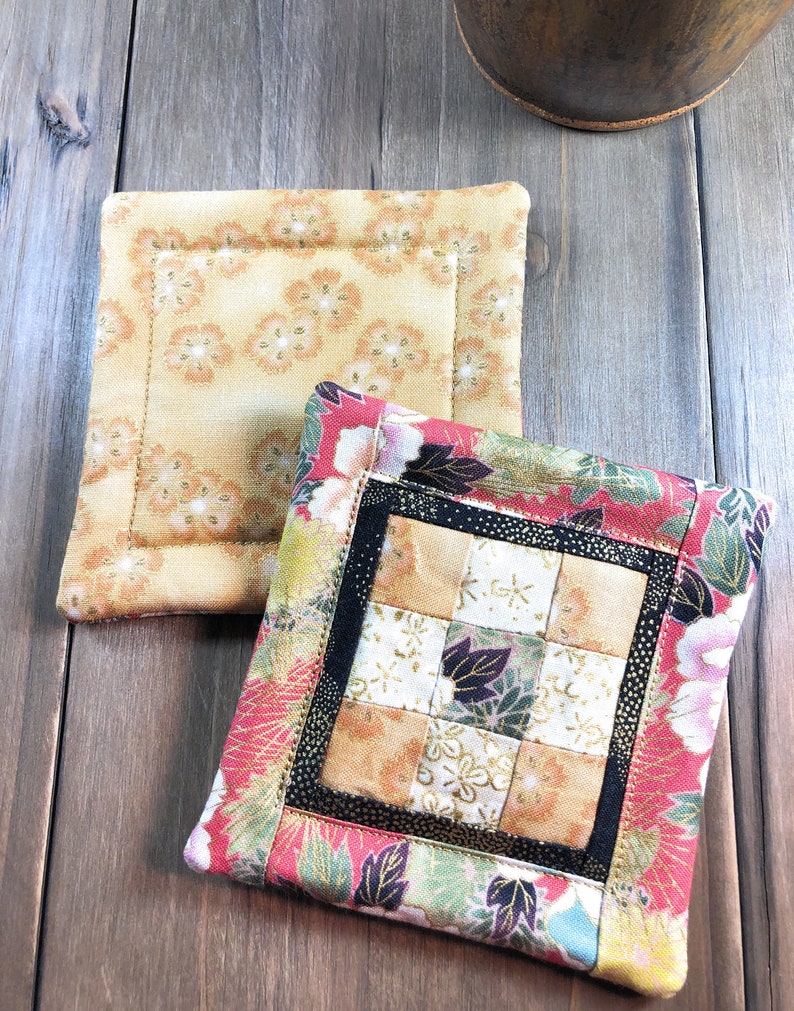 Mini Quilt Pink Oriental Floral Coaster 4 x 4 Set of 2 Cotton Fabric Patchwork Washable Reversible Hot or Cold Drinks Gift image 2