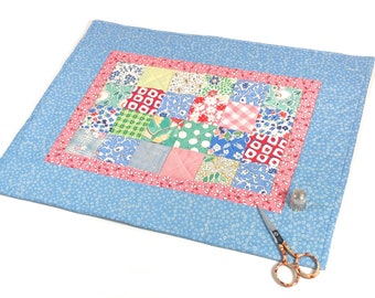 Upcycled Vintage & Feed Sack Patchwork Quilt Table Topper Doll Centerpiece 100% Cotton 13" x 16.75" Ready to Ship