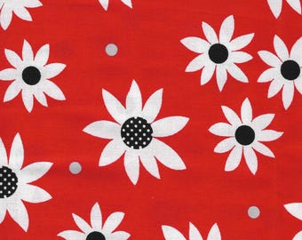 Henry Glass Steppin' Out Print Fabric: Red Background, Daisy Flowers (Sold by the Yard)