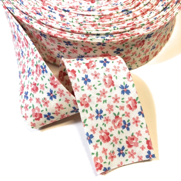 Quilt Binding White Red Pink Blue Floral 1.25" Wide Bias Cotton Single Center Fold Aunt Grace Rose R350249 Ready to Ship