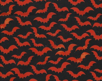 May include: A repeating pattern of orange bats on a black background. The bats are stylized with a textured appearance, creating a Halloween or spooky theme. The design is suitable for fabric or paper.