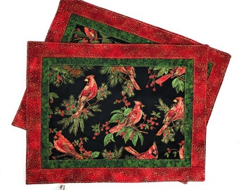 Christmas Handmade Reversible Quilted Placemat with Cardinals & Greens Set of 2 Holiday Table Decor Ready to Ship Washable Cotton