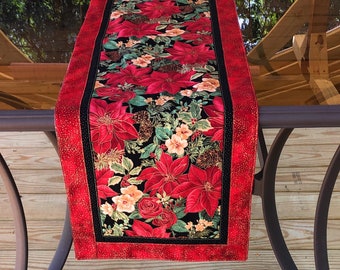 Christmas Quilted Table Runner with Poinsettias Holly Roses Reversible 2 Sizes Holiday Table Decor Ready to Ship Washable