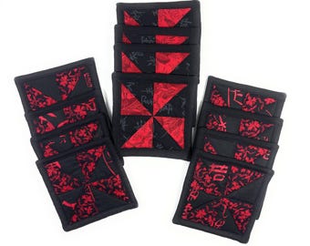 Quilted Pinwheel Red & Black Handmade Coaster Hot or Cold Set of 4