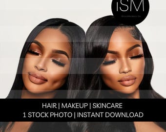Black Beauty Model Stock Photo: Hair, Makeup, Skincare (JPG/PNG Digital Download)
