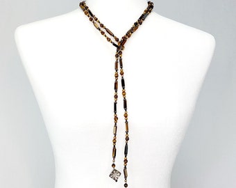 Tigers Eye, Pearl and Silver Long Lariat