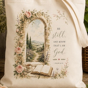May include: A cream-colored canvas tote bag featuring a printed illustration of an arched stone window overlooking a landscape, surrounded by pink roses. The text reads: Be still, and know that I am God. Psalm 46:10. An open book and teacup are visible.