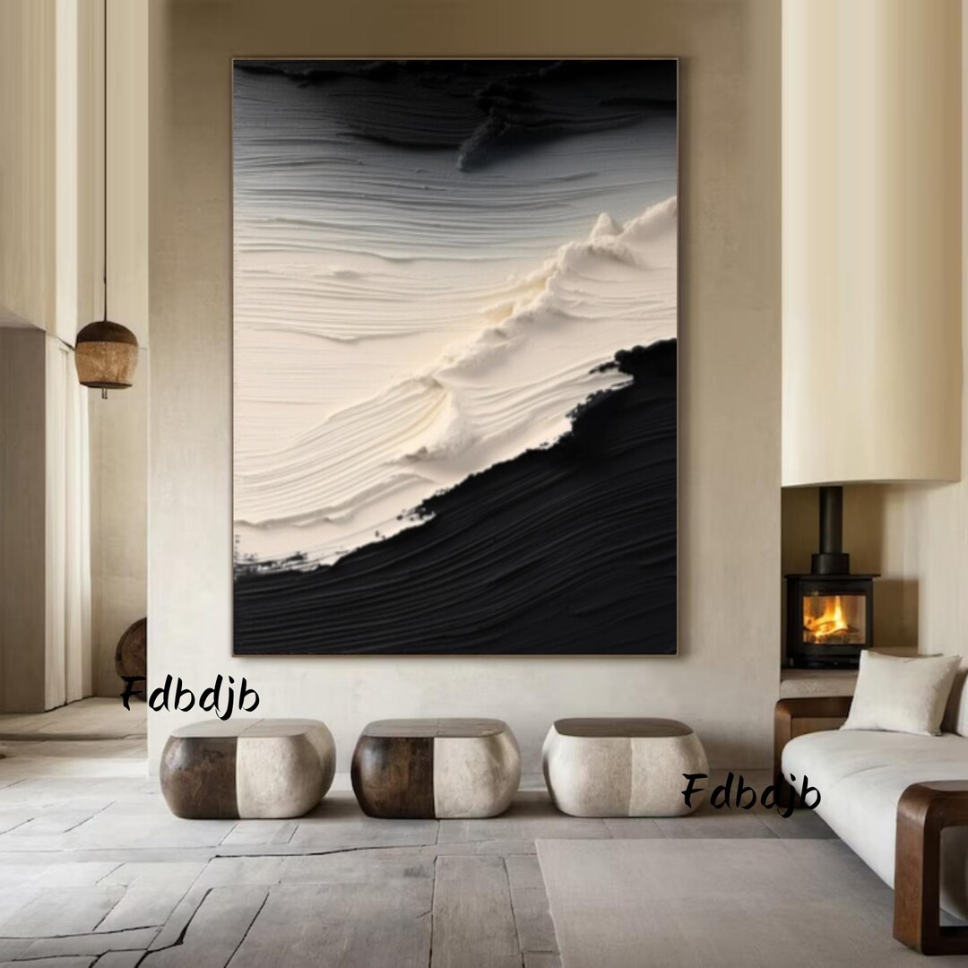Large Beige Abstract Canvas Painting: Black Minimalist Textured Wall ...