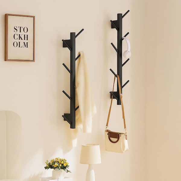 Bamboo Wall Coat Rack (Black) - Vertical Hanging Hat Hooks - Set of 2