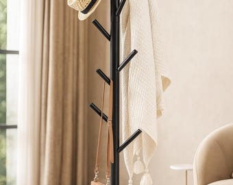 Pine Wooden Coat Rack Stand: 8-Hook Adjustable Coat Tree