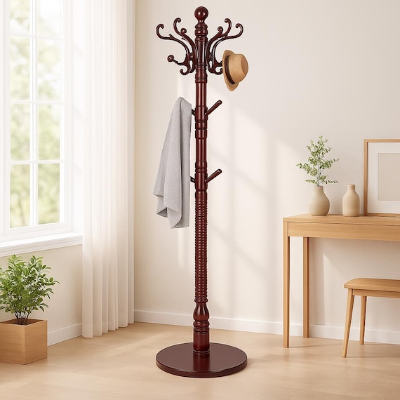Birch Wood Coat Rack Stand: 14-hook Freestanding Entryway