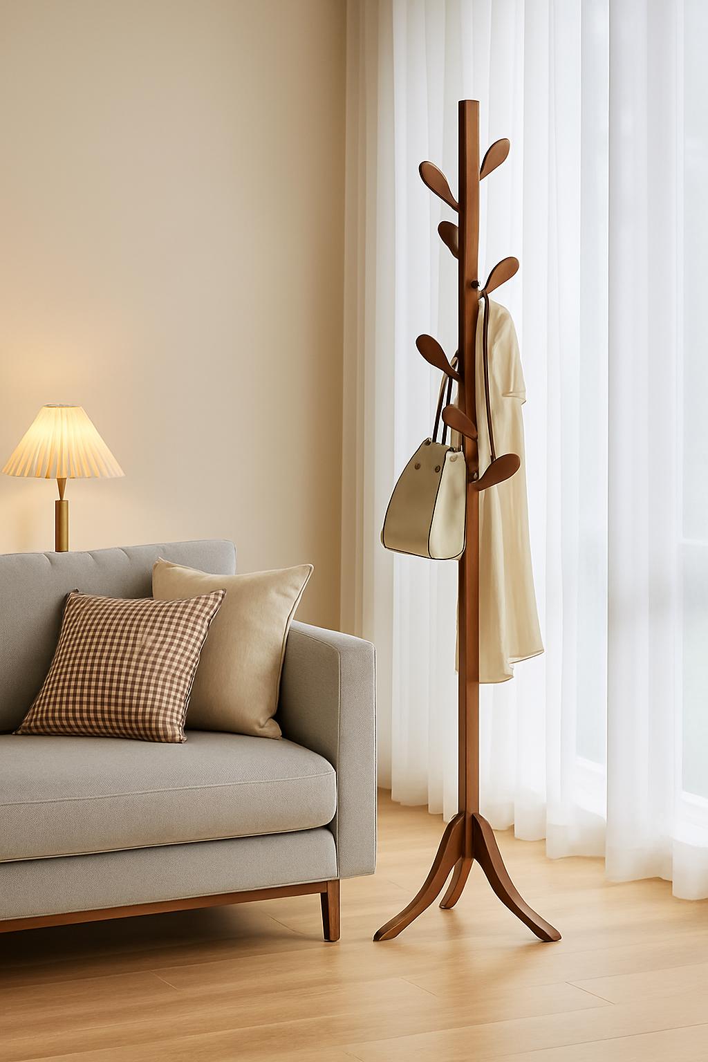 Wooden Coat Rack Tree: Freestanding Leaf Hooks, Adjustable Height - Etsy