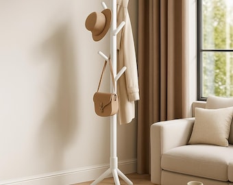Solid Wood Coat Rack, Freestanding Tree Coat Stand with 8 Hooks & 3 Height Options, Entryway Clothes Hat Bag Hanger for Bedroom Living Room