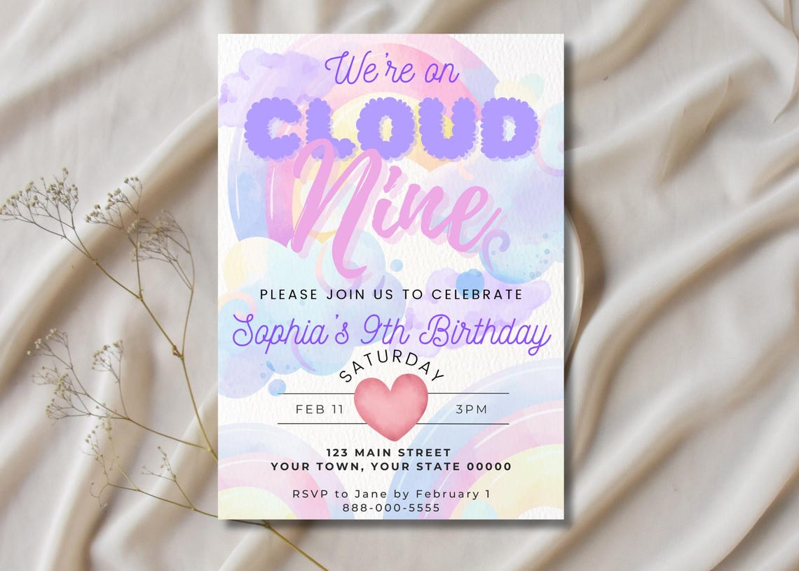 On Cloud 9 Ninth Birthday Party Invitation, Rainbow Themed Birthday ...