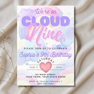 On Cloud 9 Ninth Birthday Party Invitation, Rainbow Themed Birthday, Colorful Birthday Invitation, Editable Birthday Invite