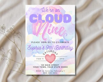 On Cloud 9 Ninth Birthday Party Invitation, Rainbow Themed Birthday, Colorful Birthday Invitation, Editable Birthday Invite