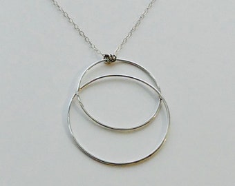 An Entanglement - Sterling Silver Necklace, Double Circle, Intertwined, Overlapped Circles, Gold Filled Circle, Big Pendant