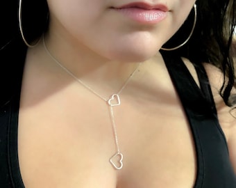 Through the Heart - Lariat heart necklace, sterling silver, 14k gold filled, dangling hearts, Valentine's Day, heart cutout