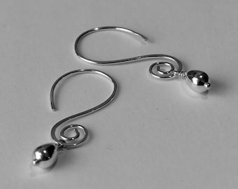 Silver and Swirl - Sterling Silver swirly spiral earrings, BC Jade Charm, deep green with black specks, Silver Teardrop bead charm