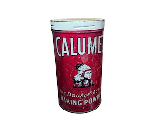 Lata vintage de Calumet para hornear en polvo, 450 g (1 lb), de metal rojo, artículo de colección publicitario para cocina.