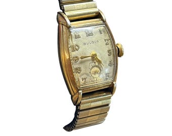 Vintage Bulova Gold Tone Tonneau Art Deco Watch with Sub Seconds Dial