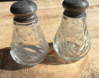 Vintage Etched Glass Salt and Pepper Shakers Sterling Silver Tops Floral Set