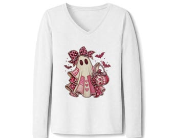 Breast cancer halloween ghost design Women's Long Sleeve Fan Favorite V-Neck Tee