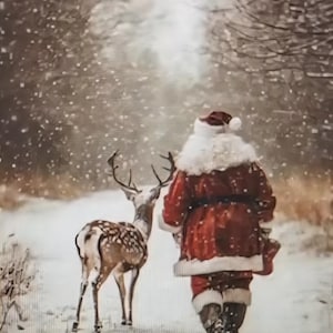 May include: A festive winter scene shows Santa Claus in a red suit and white beard walking with a deer in a snowy forest. The deer has brown spots and is looking at Santa. Snow falls, creating a magical Christmas atmosphere. The image evokes the holiday season.