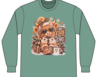 Cozy Winter Cow Illustration Long Sleeve Tee | Too Cozy to Care