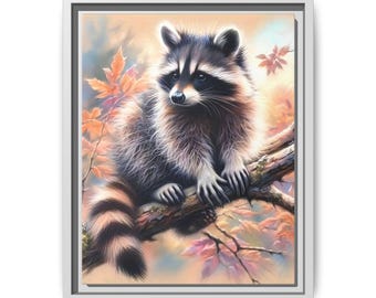 Cute Raccoon on Tree Branch Matte Canvas Framed Wall Art