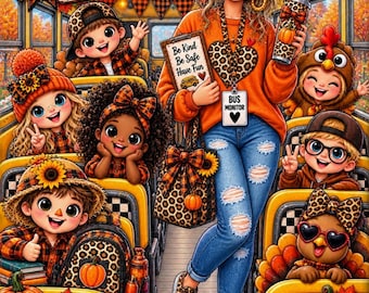 Könnte beinhalten: Eine digitale Illustration einer Busaufsicht in einem Schulbus, umgeben von Kindern. Die Person trägt einen orangefarbenen Pullover, eine blaue Jeans und Accessoires mit Leopardenmuster. Der Text lautet BUS MONITOR, Be Kind Be Safe Have Fun und Thankful for My LITTLE TURKEYS.