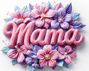 Könnte beinhalten: Ein Blumendesign mit dem Wort "Mama" in Rosa, umgeben von rosa und lila Blüten und blau-grünen Blättern. Die Blumen haben detaillierte Blütenblätter und sind kreisförmig angeordnet, wodurch ein 3D-Effekt vor weißem Hintergrund entsteht.