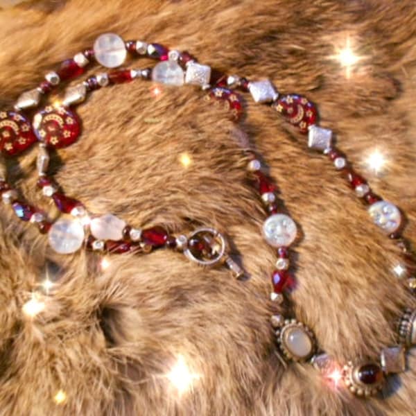 Garnet & Moonstone Necklace ~ Czech Glass Moon Face Beads ~ Crescent Moon w/Pleiades Trade Beads ~ SS