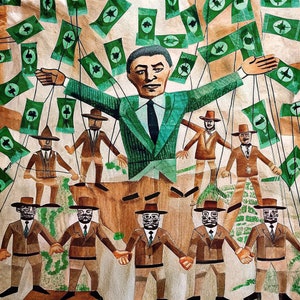 May include: A painting depicting a man in a green suit holding strings attached to several figures in brown suits. The figures are standing on a wooden platform with green foliage in the background. The man in the green suit is holding strings attached to the figures, suggesting they are puppets.