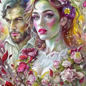 以下が含まれることがあります： ロマンチックな雰囲気の中で、カップルを描いた絵画。女性は長く流れるような赤い髪で、レースのついた白いドレスを着ています。男性は黒い髪で、白いシャツを着ています。彼らはピンクと白のバラに囲まれています。