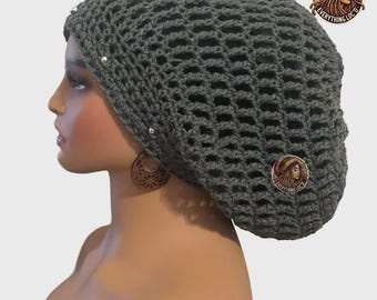 Crochet Grey Dreadlock Tam with drawstring, Rasta Beanie with Beads, Women's hat,