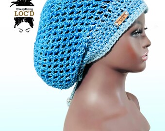 Crochet Blue Cotton Slouchy Beanie: Metallic Sparkle Dreadlock Hat