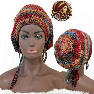 Crochet Rasta tam with drawstring, Dreadlock Slouchy Beanie, Adjustable Women's hat, Everything Locd