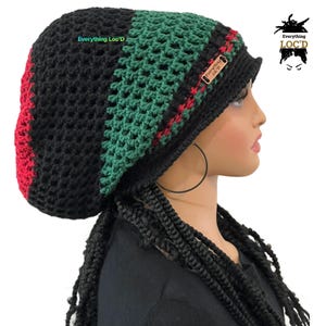Crochet African-Inspired Rasta Hat with drawstring, X-Large Slouchy beanie, big hats, knitted Red Black Green, Gift for women, long hair