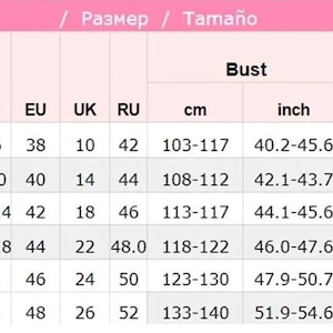 K&ouml;nnte beinhalten: Eine Gr&ouml;&szlig;entabelle f&uuml;r Kleidung mit Ma&szlig;en in Zentimetern und Zoll. Die Tabelle umfasst Gr&ouml;&szlig;en von M bis XXXXL, mit entsprechenden US-, EU-, UK- und RU-Gr&ouml;&szlig;en, Brustumfang-Ma&szlig;en und Gewichtsbereichen in Kilogramm.