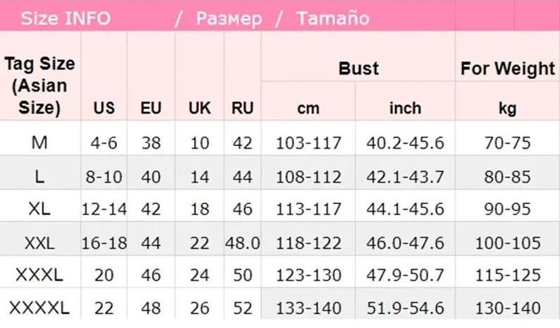 K&ouml;nnte beinhalten: Eine Gr&ouml;&szlig;entabelle f&uuml;r Kleidung mit Ma&szlig;en in Zentimetern und Zoll. Die Tabelle umfasst Gr&ouml;&szlig;en von M bis XXXXL, mit entsprechenden US-, EU-, UK- und RU-Gr&ouml;&szlig;en, Brustumfang-Ma&szlig;en und Gewichtsbereichen in Kilogramm.