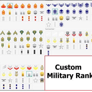 K&ouml;nnte beinhalten: Eine Sammlung von milit&auml;rischen Dienstgradabzeichen verschiedener Zweige, darunter Marine, Armee, K&uuml;stenwache und Marine. Das Bild zeigt eine Vielzahl von Abzeichen, Streifen und Sternen, mit dem Text "Custom Military Rank" in einem wei&szlig;en Feld.