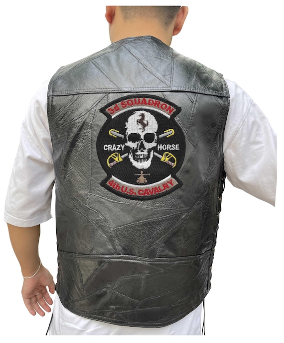 Custom Embroidered Leather Biker Vest, Men's Sheepskin Motorcycle Waistcoat