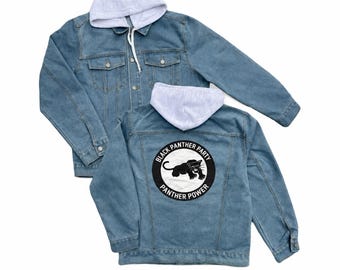 Black Panther Rarty Embroidered Denim Jacket with Removable Hood, Personalized Logo Back Embroidery