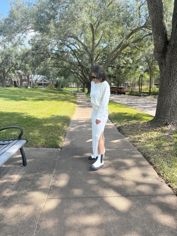 White Knitted Sweater Dress Set: Midi Pleated Cotton Skirt, Long Sleeve