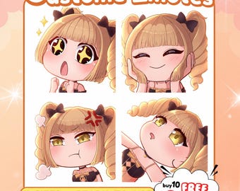 May include: Four digital emotes featuring a blonde character with pigtails and black bows. The character displays expressions of excitement, happiness, anger, and confusion. Text reads: Custome-Emotes, 4 SIZES - READY TO USE, buy 10 FREE 1 ANIMATED.