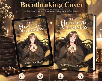 May include: A tablet and a hardcover book displaying the title The Heartless Villainess by Kristina Stangl, featuring an illustration of a long-haired person holding a card. Text includes Your Story Deserves a Breathtaking Cover and SoraYui Store.