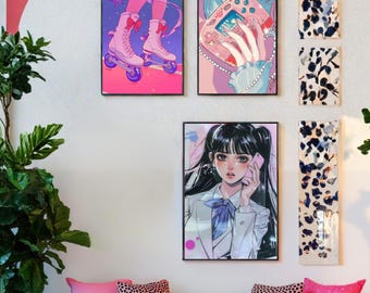 Retro Girl Wall Art Set of 3 Feminine Y2K, Digital Download, Dorm Room Decor