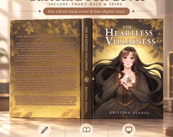 Può includere: Una copertina di libro personalizzata intitolata The Heartless Villainess di Kristina Stangl. La copertina anteriore presenta una donna in stile anime con lunghi capelli scuri in un abito scuro che tiene una carta. Il retro include una sinossi.